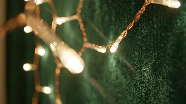 Decorative warm white string lights on green background with blurred out background details perfect for holiday festive season