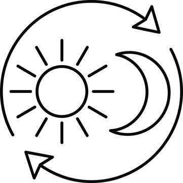Day and night cycle line icon vector showing sun and crescent moon with circular arrows representing 24 hours time loop