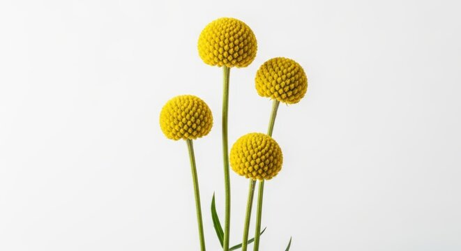 Four Vibrant Yellow Craspedia Globosa Billy Balls Flowers Isolated on a Clean White Background for Minimalist Floral Design