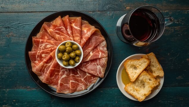 Sliced Iberian ham on a black dish with green olives, toasted bread, olive oil, red wine, and tapas, against a dark turquoise wooden backdrop.