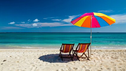 Fototapeta premium Colorful beach umbrella with lounge chairs on tropical sandy beach and turquoise ocean under blue sky