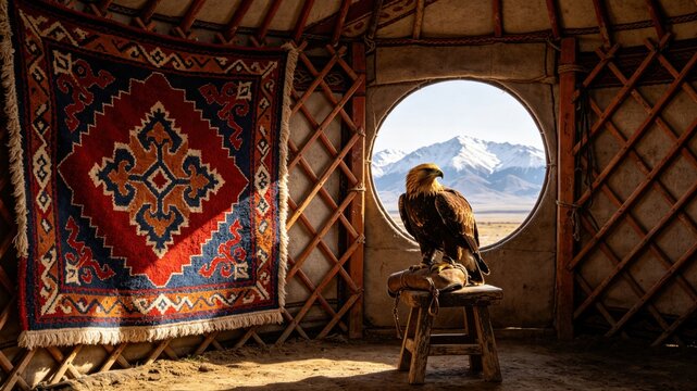 Colorful felt shyrdak rug on yurt lattice, golden eagle on glove, Central Asian nomadic concept.