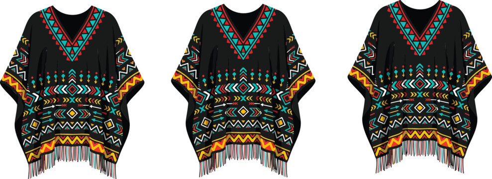 Vector illustration of traditional ponchos with black base and colorful geometric tribal patterns including triangles, diamonds, and zigzags