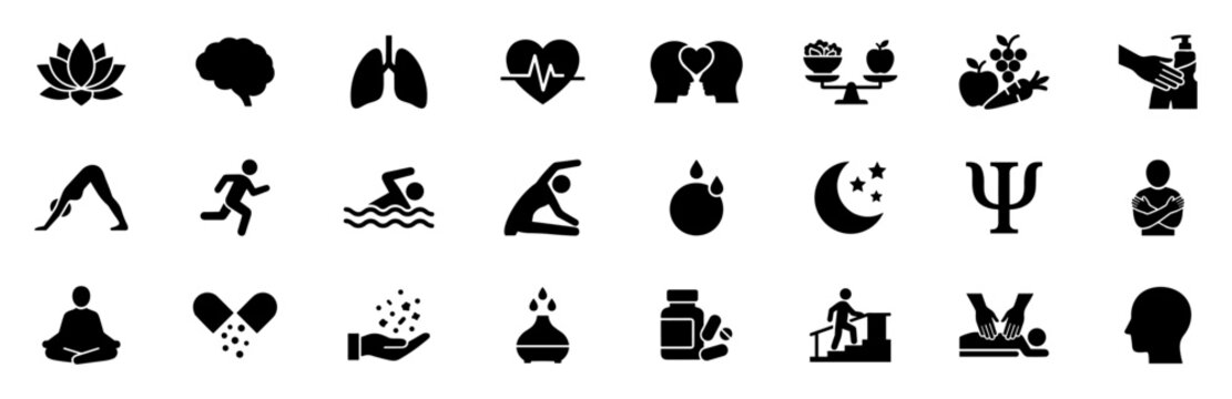 Set of health and wellness icons including lotus flower, brain, lungs, heart, healthy food, hand washing, yoga poses, running, swimming, night sleep, psychology, meditation on transparent background