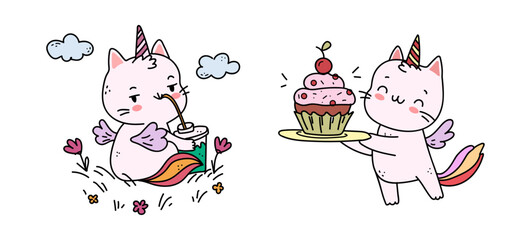 Fototapeta premium Cute cat unicorns interacting with sweets and drinking. Vector cartoon characters in dreamy fantasy theme. Nursery decor and stickers, kids websites and magical brand identity elements