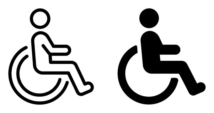 Black and white disability icons showing person in wheelchair symbol for accessibility and handicapped access on transparent background