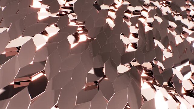 3D render animation of an abstract rose gold metallic polygonal surface waving in a seamless loop. Luxury geometric background with glossy reflective crystals and warm glowing highlights.