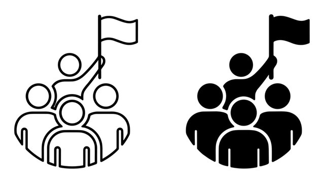 Group of people holding a flag icon set in outline and solid style on transparent background