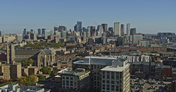 Boston Massachusetts Aerial v289 pan shot around cathedral of holy cross capturing cityscape across south end, back bay and downtown neighbourhoods - Shot with Inspire 2, X7 camera - October 2021