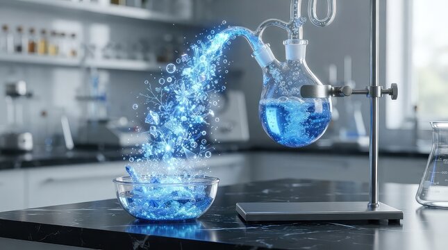 Luxury laboratory glass flask releasing luminous sapphire crystallization waves with intricate microscopic crystal textures and floating bubbles, innovative science experiment concept