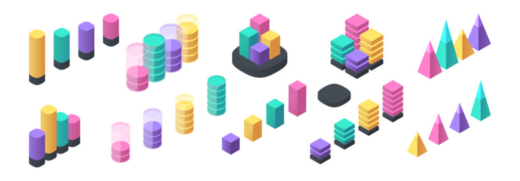 Isometric diagrams in cone, cylinder and parallelepiped shapes. Vector isolated charts elements. Analytics, statistics and structured data visualization. Tracking, dashboard use and digital interface