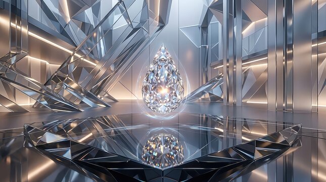 Elegant liquid diamond teardrop floating above a mirror-like crystalline platform surrounded by geometric architectural elements