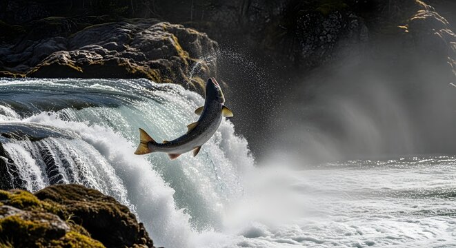 Fish jumping out of waterfall natural scenery