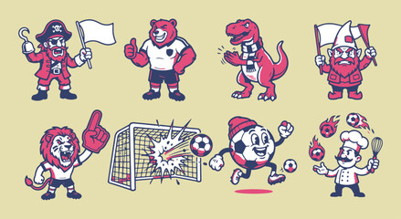 Fototapeta premium Vintage Sports Mascot Set with Soccer Characters and Icons