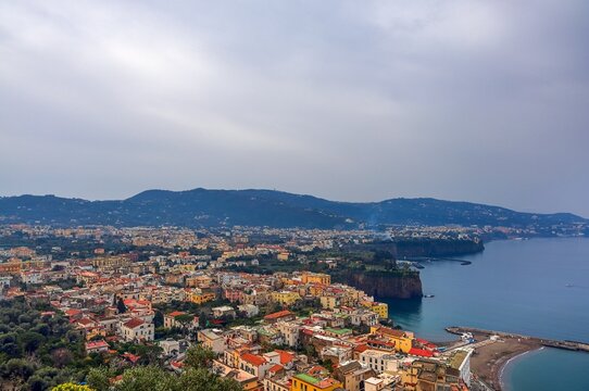 Sorrento, Italy - 06. March 2026: Sorrento town overlooking Mediterranean Sea with colorful buildings