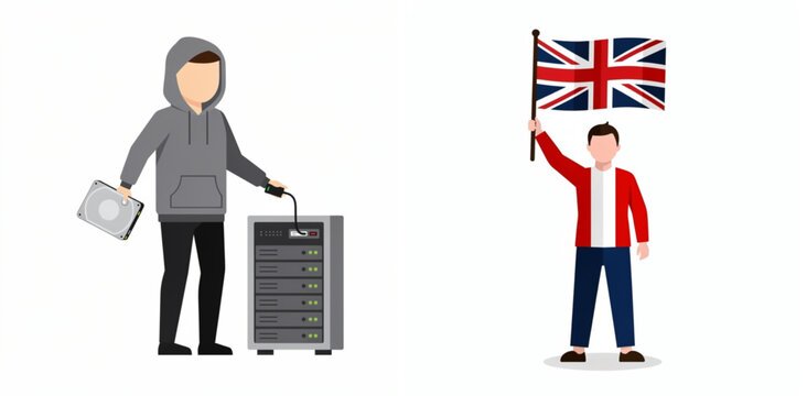 Hacker stealing UK data from server with British flag patriotism contrast