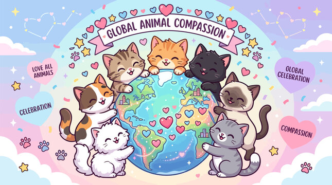 Cute cartoon kittens hugging globe with hearts and stars for animal compassion celebration day concept with embracing planet surrounded diverse cartoon cats