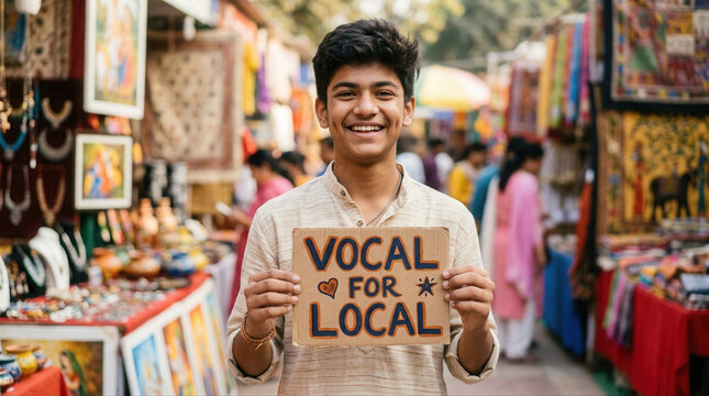 Young man advocating for local products in vibrant market setting emphasizing community support and national mission