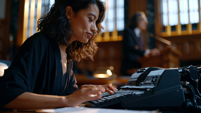 court stenographer in a paneled courtroom hunched over a stenotype machine, fingers moving in a blur across the keys, attorney mid-argument at the podium, afternoon light from tall windows striping 