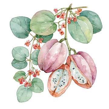 Japanese Akebi Chocolate Vine Fruit Watercolor Illustration Clipart