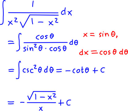Step-by-step calculus solution using trigonometric substitution to evaluate an integral with radicals, shown with clear mathematical notation.