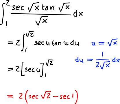 Step-by-step definite integral solution using u-substitution with trigonometric functions, clearly presented on a clean white background.