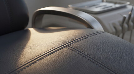 Obraz premium Close up of textured grey leather dental chair seat under warm dramatic lighting with blurred dental delivery unit in background