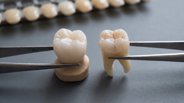 Macro close up comparing a pristine ceramic dental crown and an extracted natural human molar held by metal tweezers with a blurred tooth shade guide