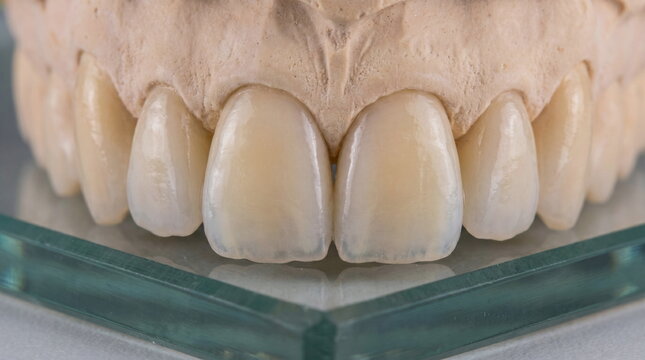 Dental stone model of upper front teeth with aesthetic ceramic crowns for dental restoration