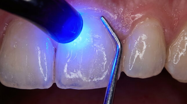 Macro close up of a blue dental curing light and metal explorer during a composite resin restoration on human anterior teeth