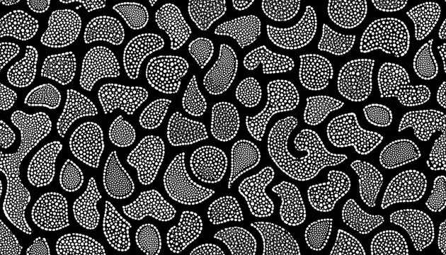 seamless hand drawn small dense polkadot animal spots pattern in white on black background abstract aboriginal dot art motif or organic cellular texture in a trendy doodle line art or linocut style