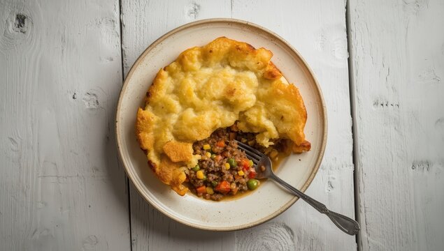 Shepherd's pie on a white wooden table. Dish consists of mashed potatoes, ground meat, lentils, and veggies. Aerial view.
