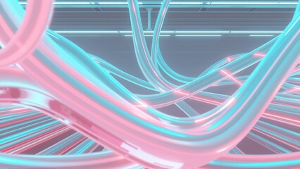 Fototapeta premium Abstract neon lines form complex structure. Pink, cyan glow against dark background. Futuristic, digital art impression.