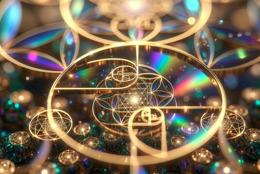 Geometria sacra astratta: Spirale di Fibonacci e fiore della vita con luci olografiche e riflessi dorati