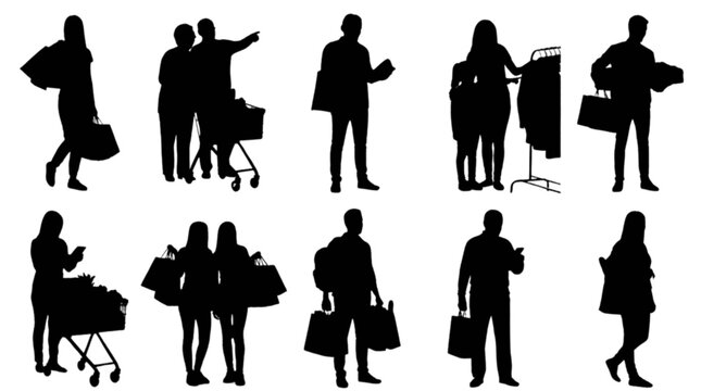 Silhouette people walking with luggage and handbags in a casual group setting isolated on transparent background, Vector