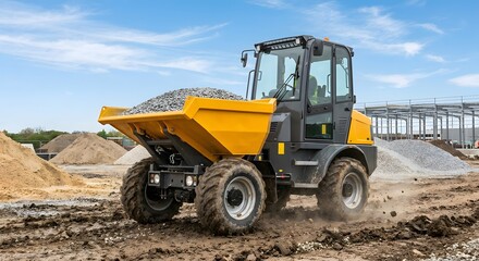 Fototapeta premium Site Dumper Transporting Gravel at Construction Site Under Blue Sky
