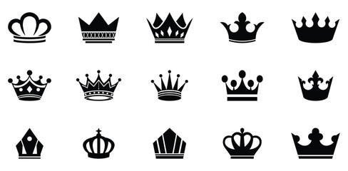 Collection of crown king mega icon set. Crown silhouettes isolated on white background. Luxury tiaras, monarchy design, regal symbols, heraldic imperial tiara symbols, elegant monarch coronet vectors. © Art Store