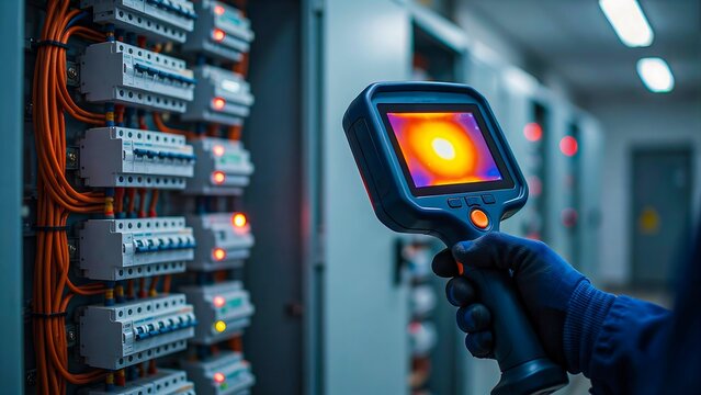 Thermal imaging inspection of electrical control panel with infrared camera for industrial maintenance