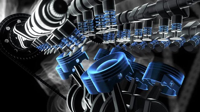 Dashboard start button press initiates glowing V8 engine loop. Valves, pistons and crankshaft in motion.