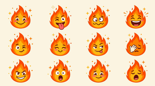 Vibrant fire emojis display various expressions in a digital illustration.