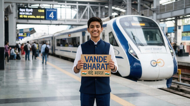 Enthusiastic young man holding vande bharat sign at railway station in india celebrating national mission and core vision