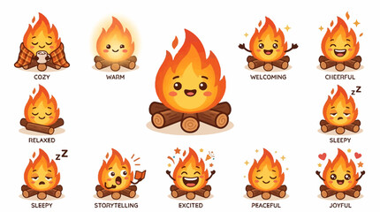 Fototapeta premium Emotive campfire emojis express various feelings around a blazing fire.