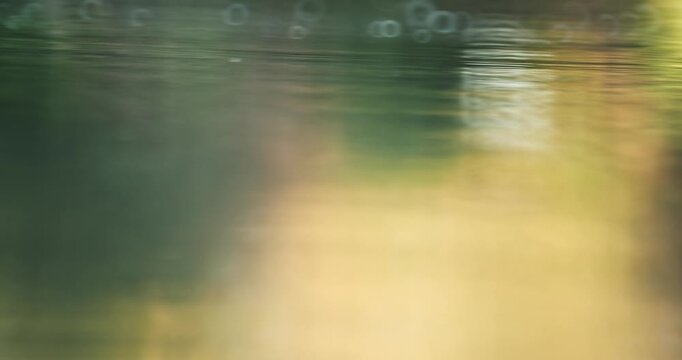 Extremely blurry river water surface shot with mirror lens, golden sunlight and green shore bokeh reflection in summer