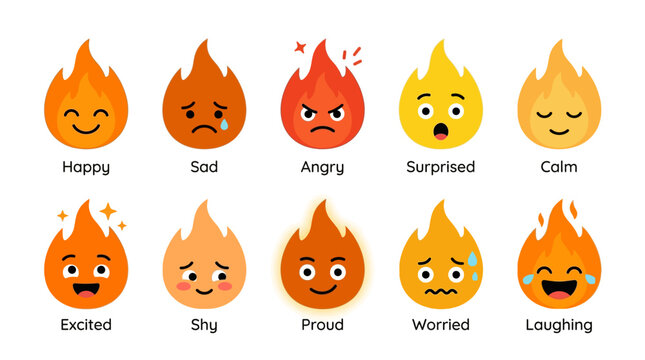 Emotive flames display various human emotions through fire icons in a digital illustration.