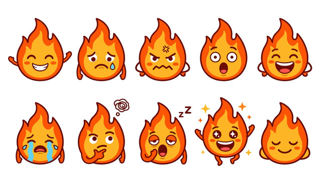 Cartoon fire emojis display various happy, sad, and surprised expressions in a digital illustration.
