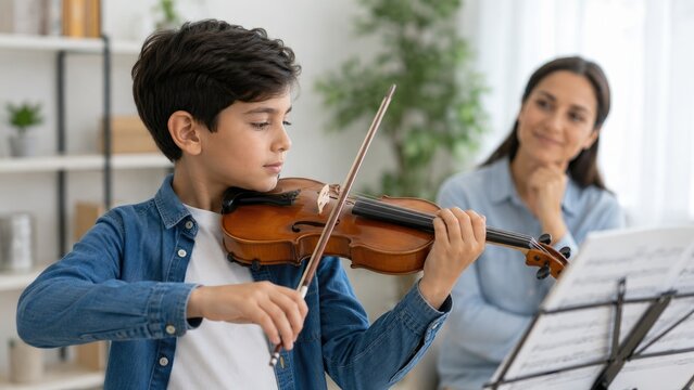 Young boy practicing the violin during a private lesson while an attentive instructor watches over sheet music