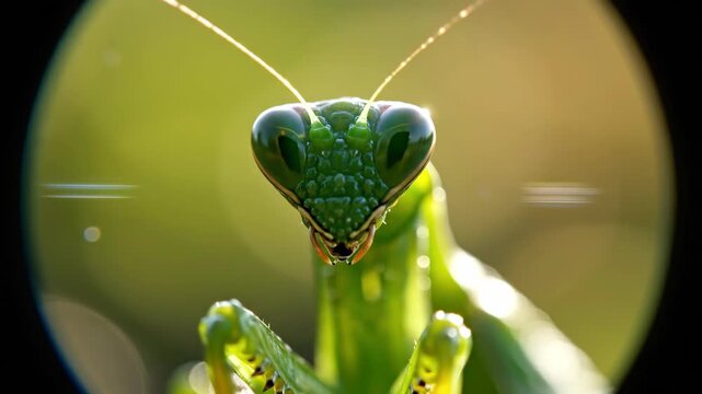 Extreme close up of emerald green praying mantis head viewed through circular vignette