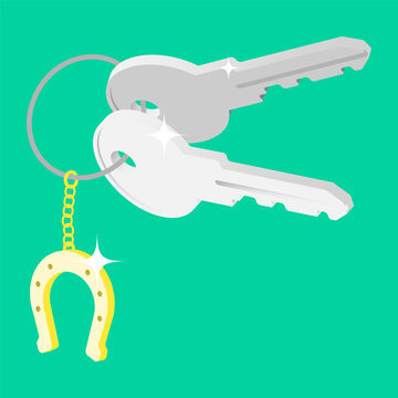 Set of housewarming keys for a new apartment with a gold horseshoe keychain for good luck. Cartoon isometric vector isolated on green background