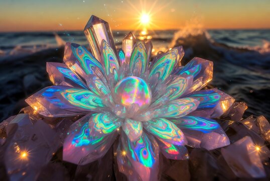 Fiore di loto in cristallo iridescente magico sulla spiaggia al tramonto
