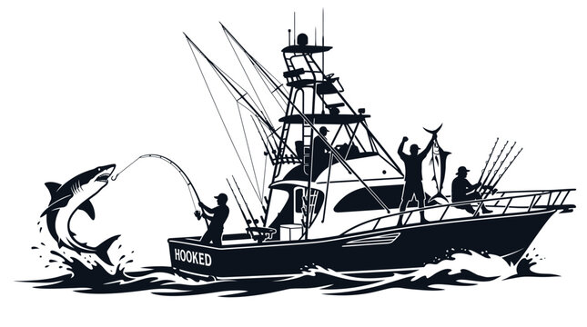 Professional black and white vector illustration depicting a sport fishing boat catching a large shark